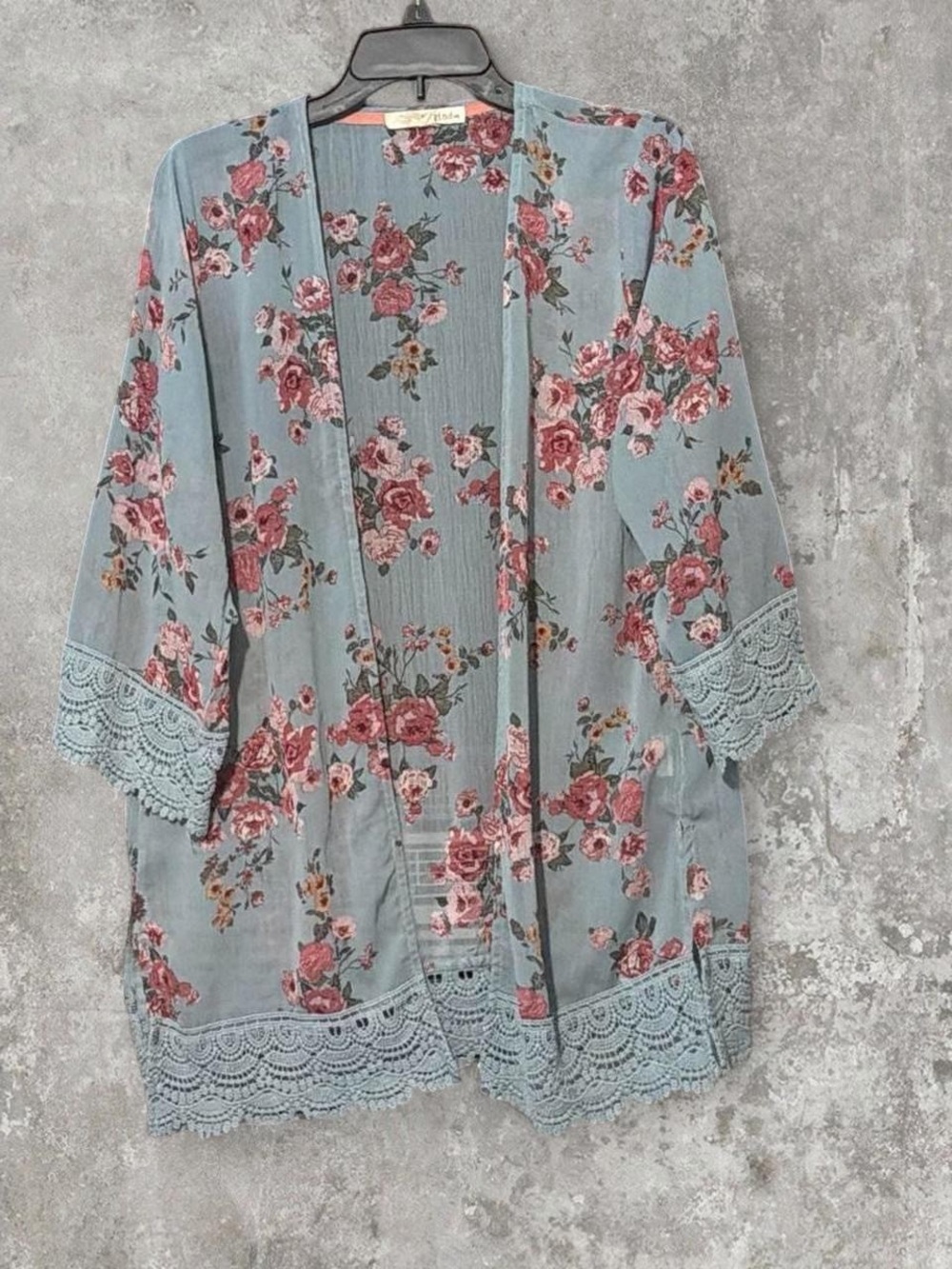 Rewind Dusty Blue Floral Lace-Trim Kimono Cardigan